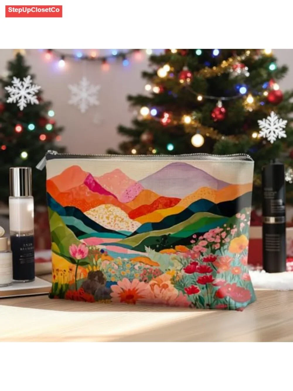 Abstract Mountain Linen Makeup Bag, Boho Floral Cosmetic Pouch, Travel Toiletry